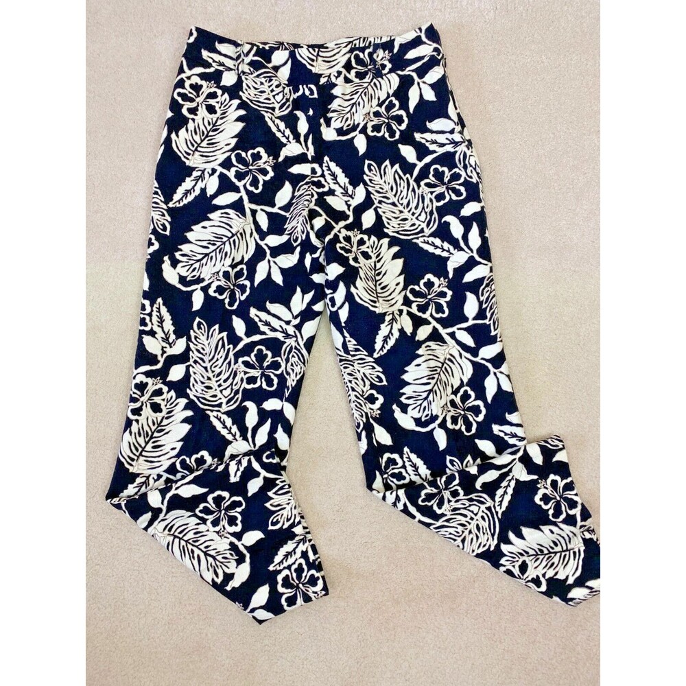 Talbots Ankle Black White Floral Pant 10P 100% Cotton Straight Leg Velvet Finish